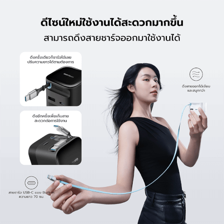 หัวชาร์จเร็วพร้อมสาย CUKTECH AD653W สีดำ GAN 65W รองรับ PD, PPS, QC_3